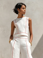 Corallina | Completo pantalone in misto lino con cuciture a contrasto