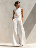 Corallina | Completo pantalone in misto lino con cuciture a contrasto