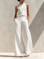 Corallina | Completo pantalone in misto lino con cuciture a contrasto