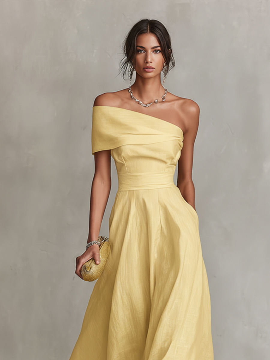Serena | Vestido midi amarillo de un hombro
