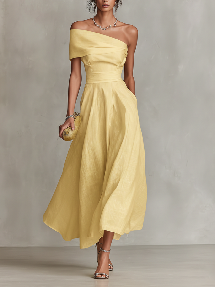 Serena | Vestido midi amarillo de un hombro