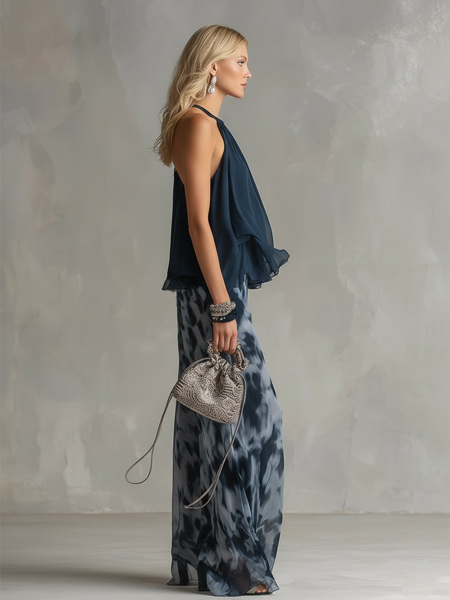 Conjunto elegante y ligero con top fluido y pantalones anchos