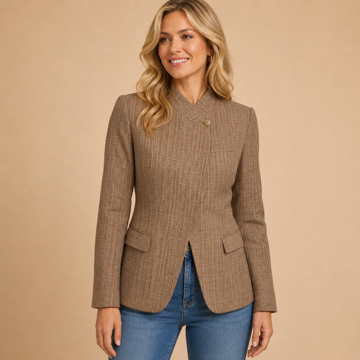 Martina | Blazer asymétrique à carreaux taupe