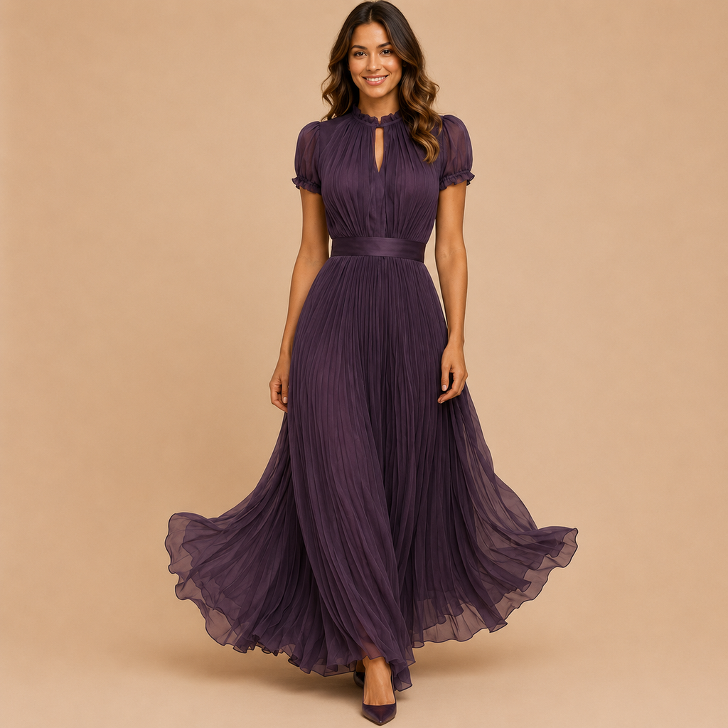 Flavia | Élégante robe longue violette avec décolleté goutte d'eau et dentelle