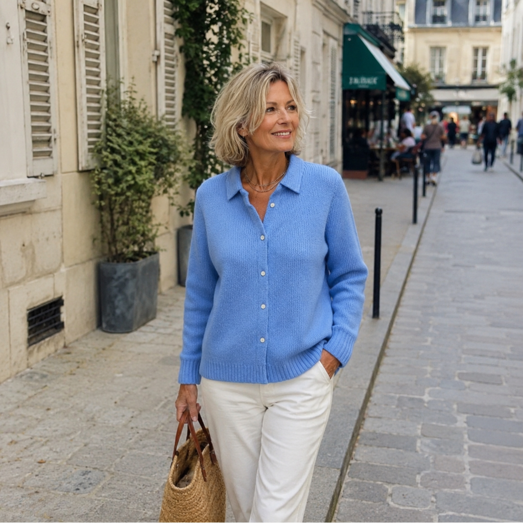 Ludovica | Cardigan in maglia con colletto a camicia e chiusura frontale a bottoni.