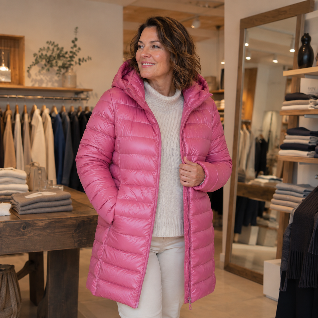 Cecilia | Cappotto lungo e imbottito con cappuccio integrato.