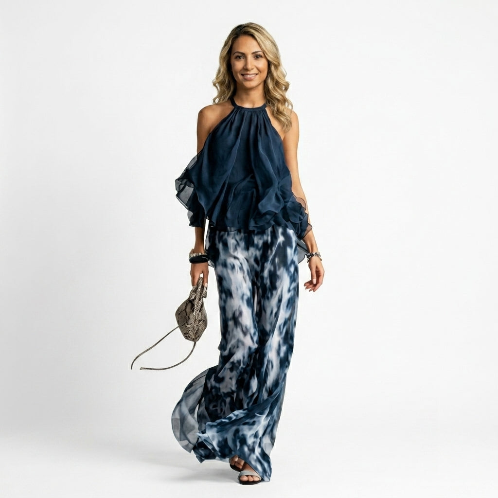 Conjunto elegante y ligero con top fluido y pantalones anchos