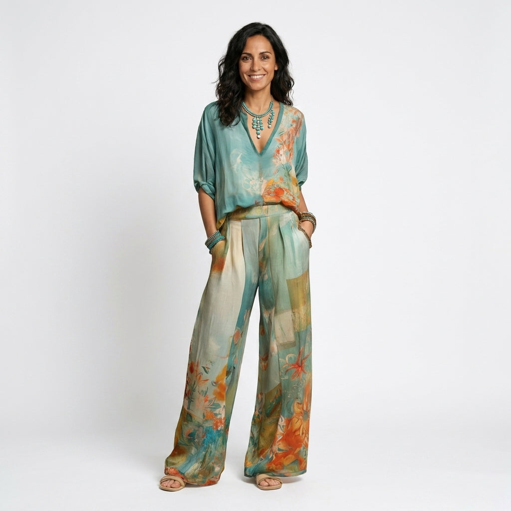 Mirella | Elegante conjunto con estampado floral y pantalones anchos