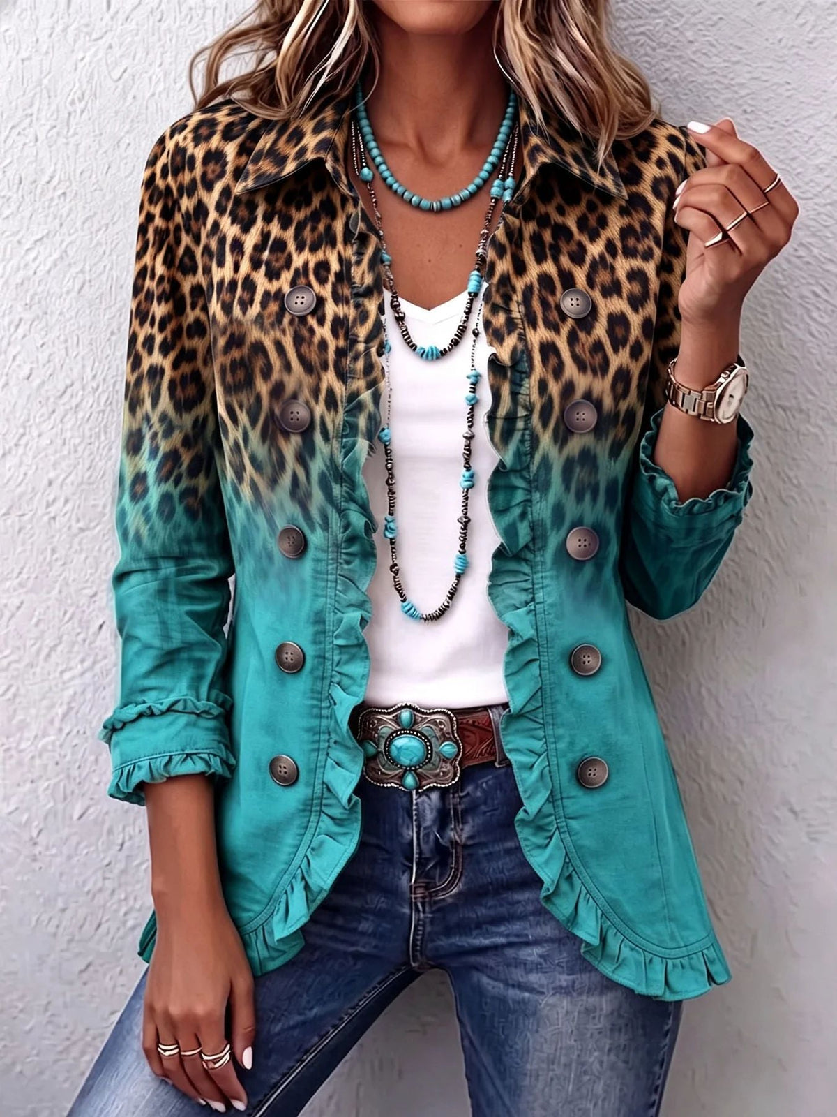 Regina | Giacca Leopardata Vintage Sfumata con Volant