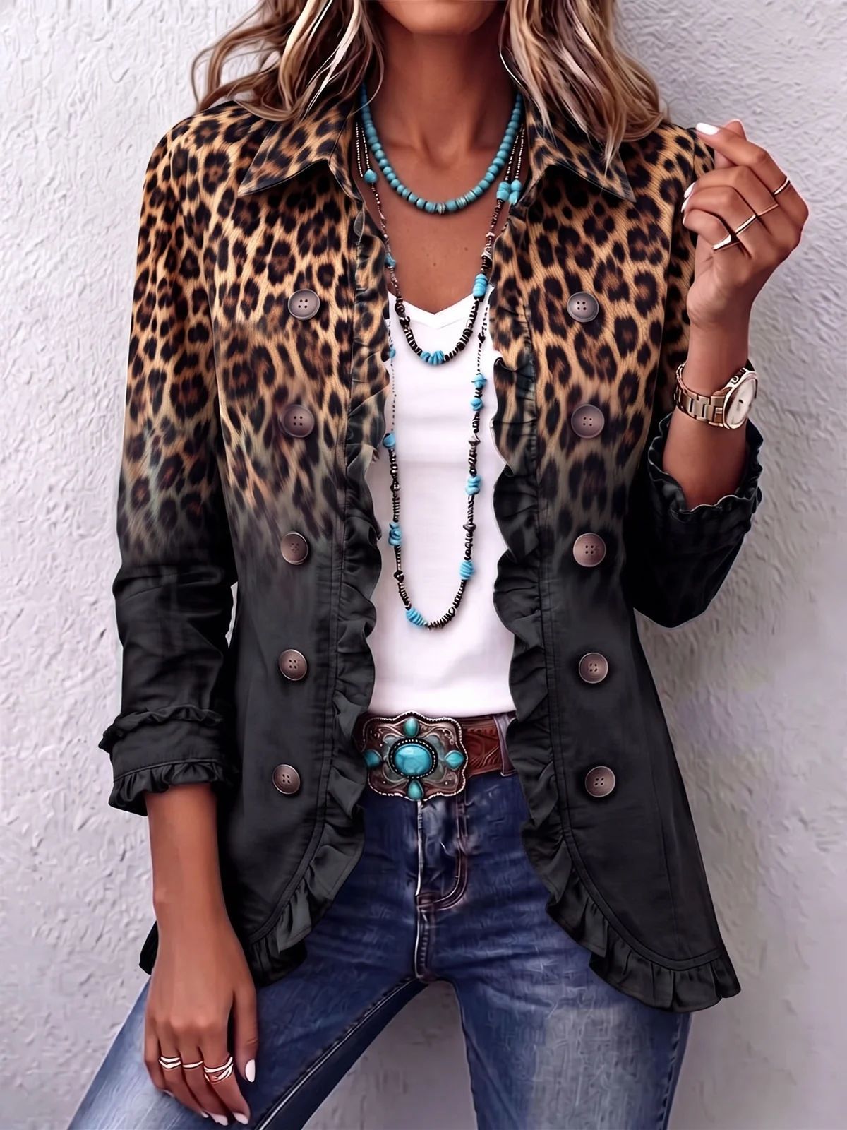 Regina | Giacca Leopardata Vintage Sfumata con Volant