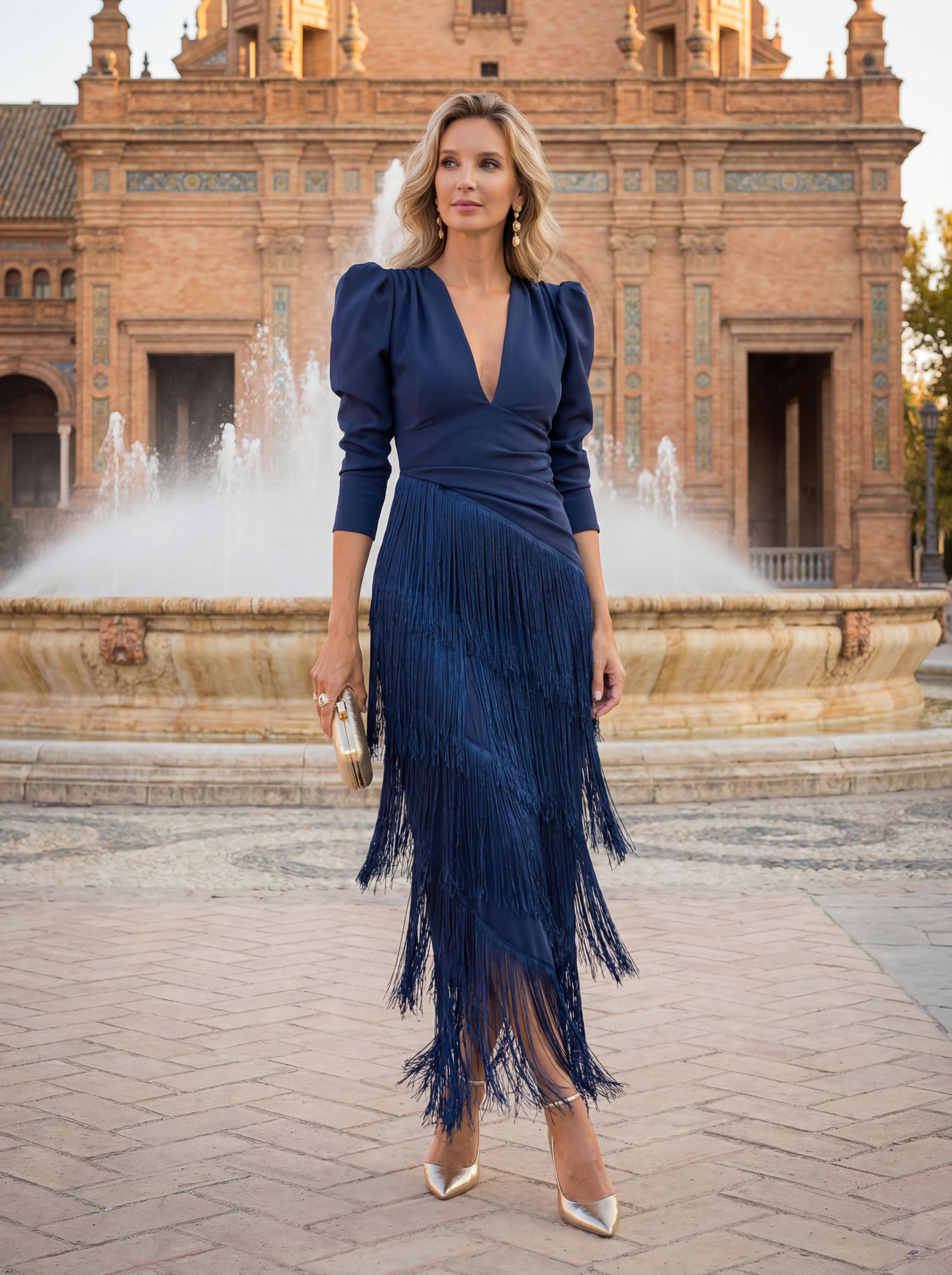 Francesca – Elegante vestido con flecos en color salvia