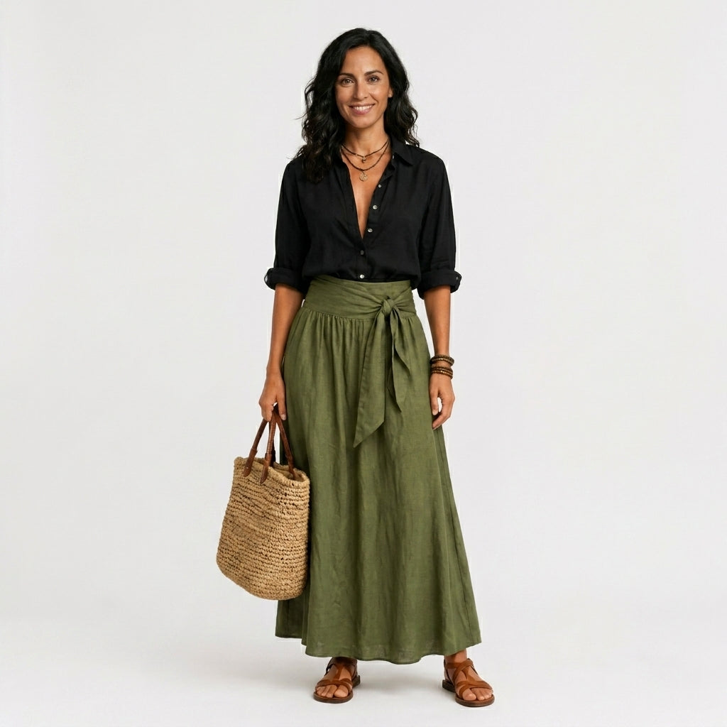 Verona – Conjunto de dos piezas: camiseta negra y falda verde oliva