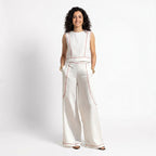 Corallina | Completo pantalone in misto lino con cuciture a contrasto