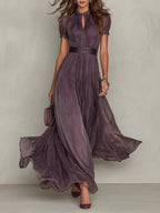 Flavia | Élégante robe longue violette avec décolleté goutte d'eau et dentelle