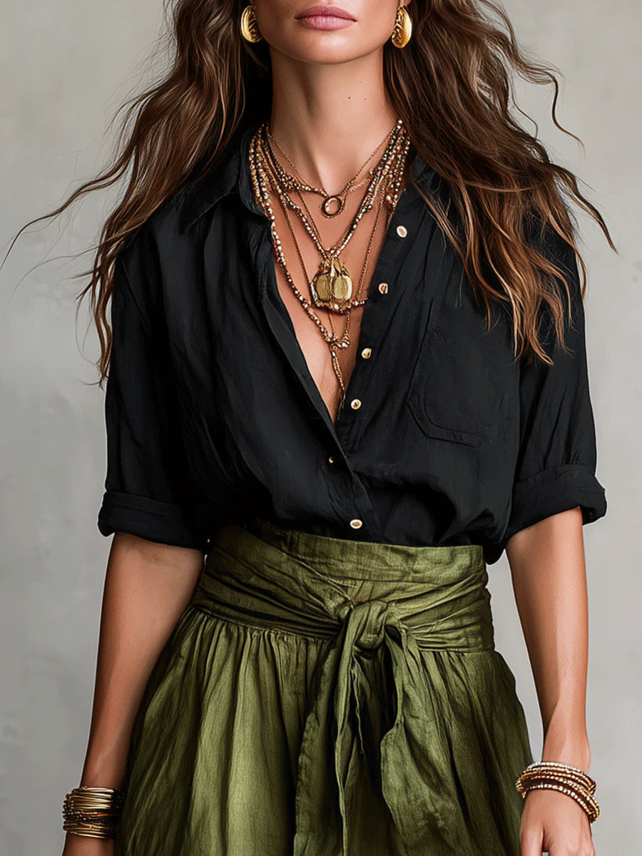Verona – Conjunto de dos piezas: camiseta negra y falda verde oliva