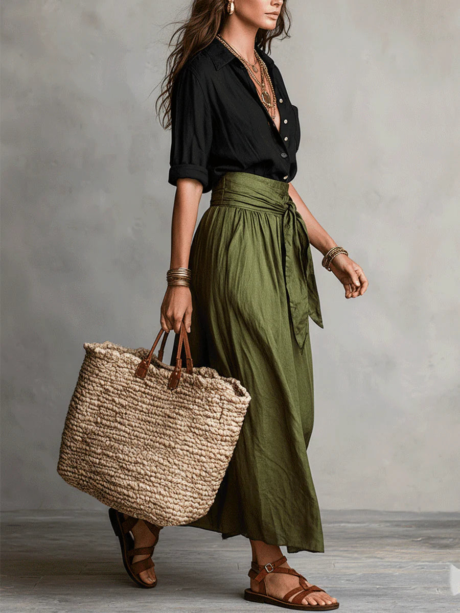 Verona – Conjunto de dos piezas: camiseta negra y falda verde oliva