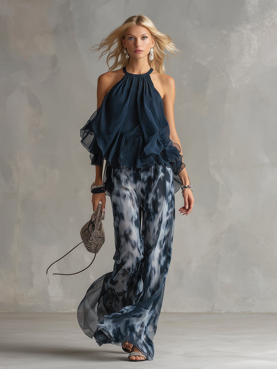Conjunto elegante y ligero con top fluido y pantalones anchos