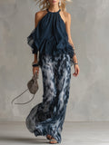 Conjunto elegante y ligero con top fluido y pantalones anchos