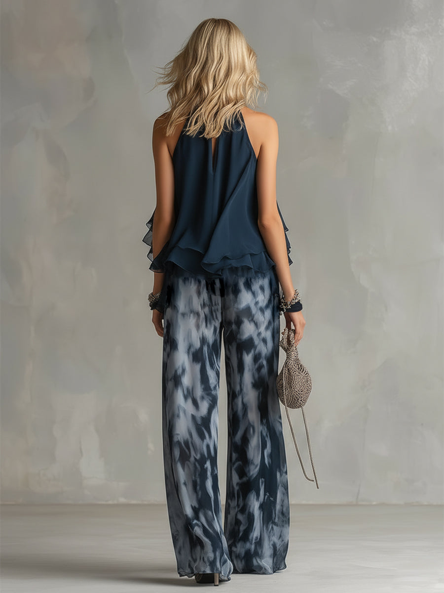 Conjunto elegante y ligero con top fluido y pantalones anchos