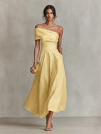 Serena | Vestido midi amarillo de un hombro