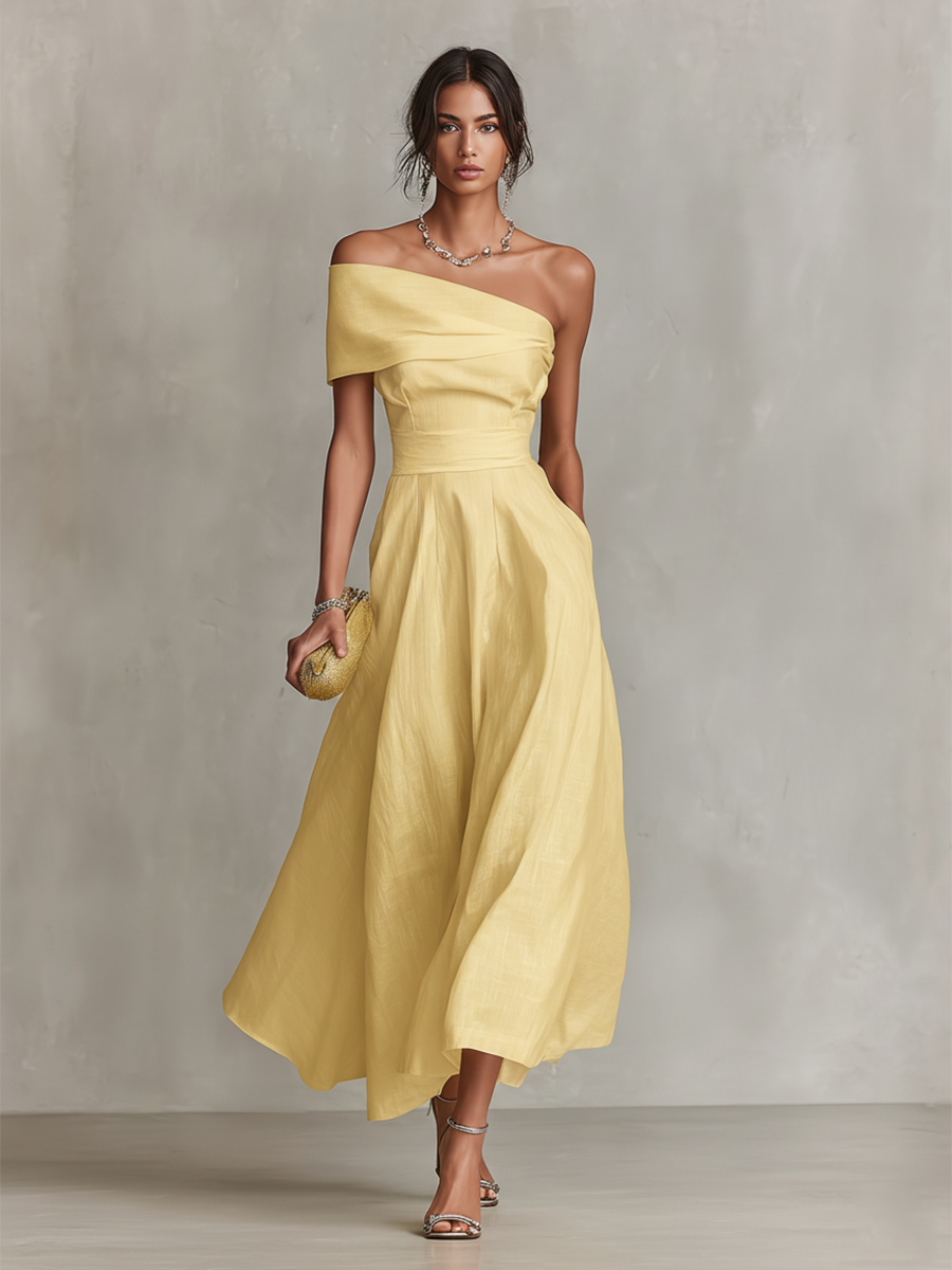 Serena | Vestido midi amarillo de un hombro