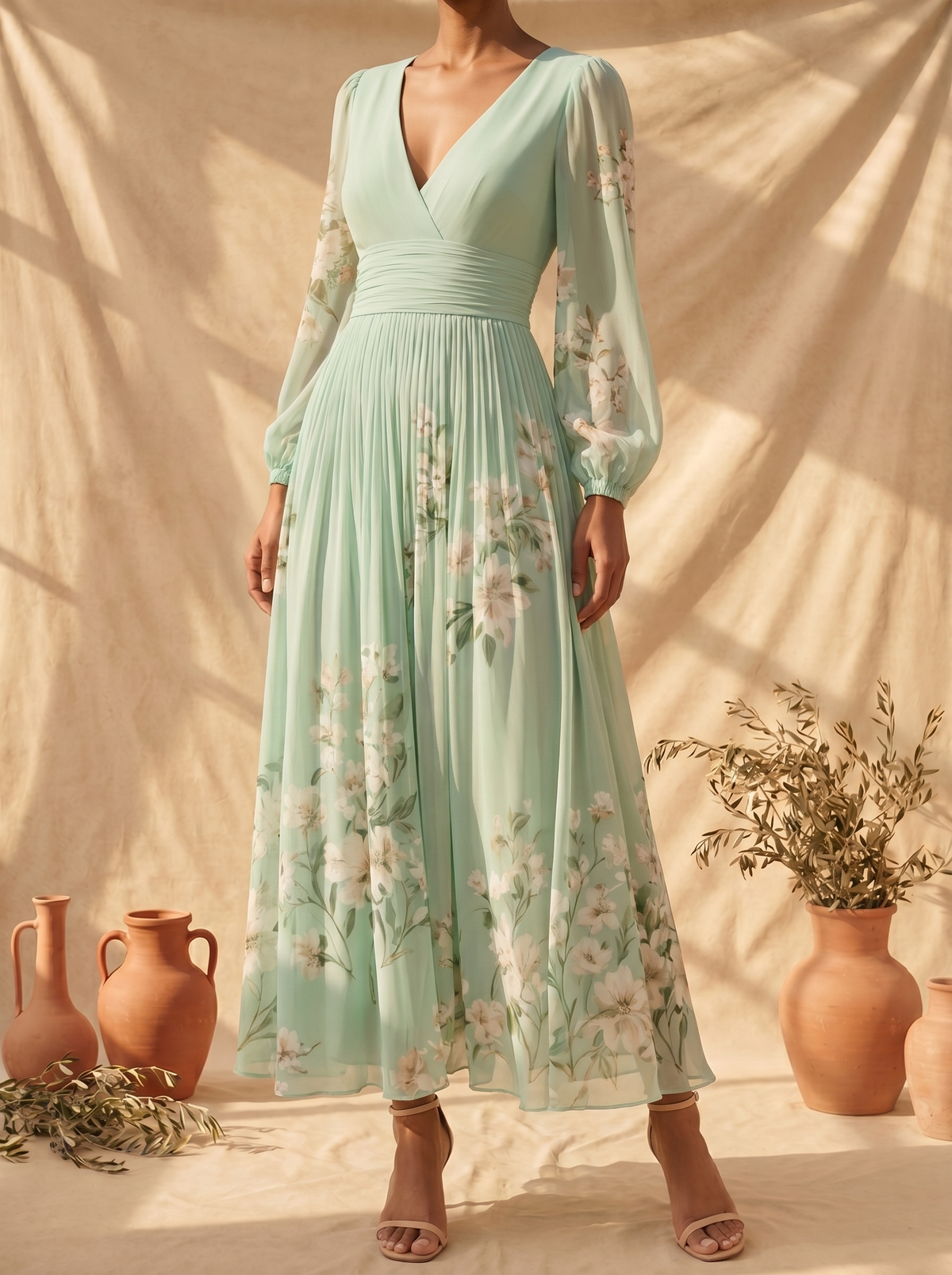Cisella | Abito Midi Verde Chiaro Floreale