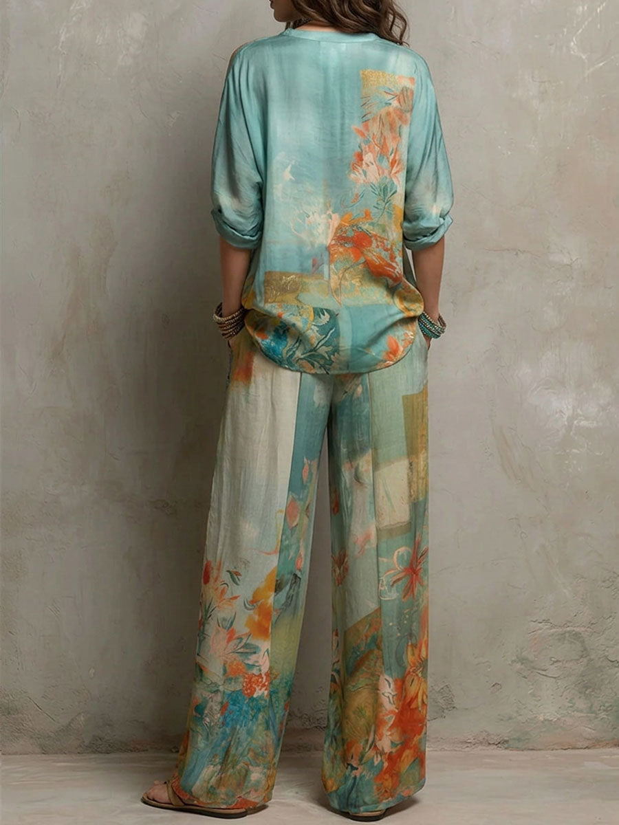 Mirella | Elegante conjunto con estampado floral y pantalones anchos