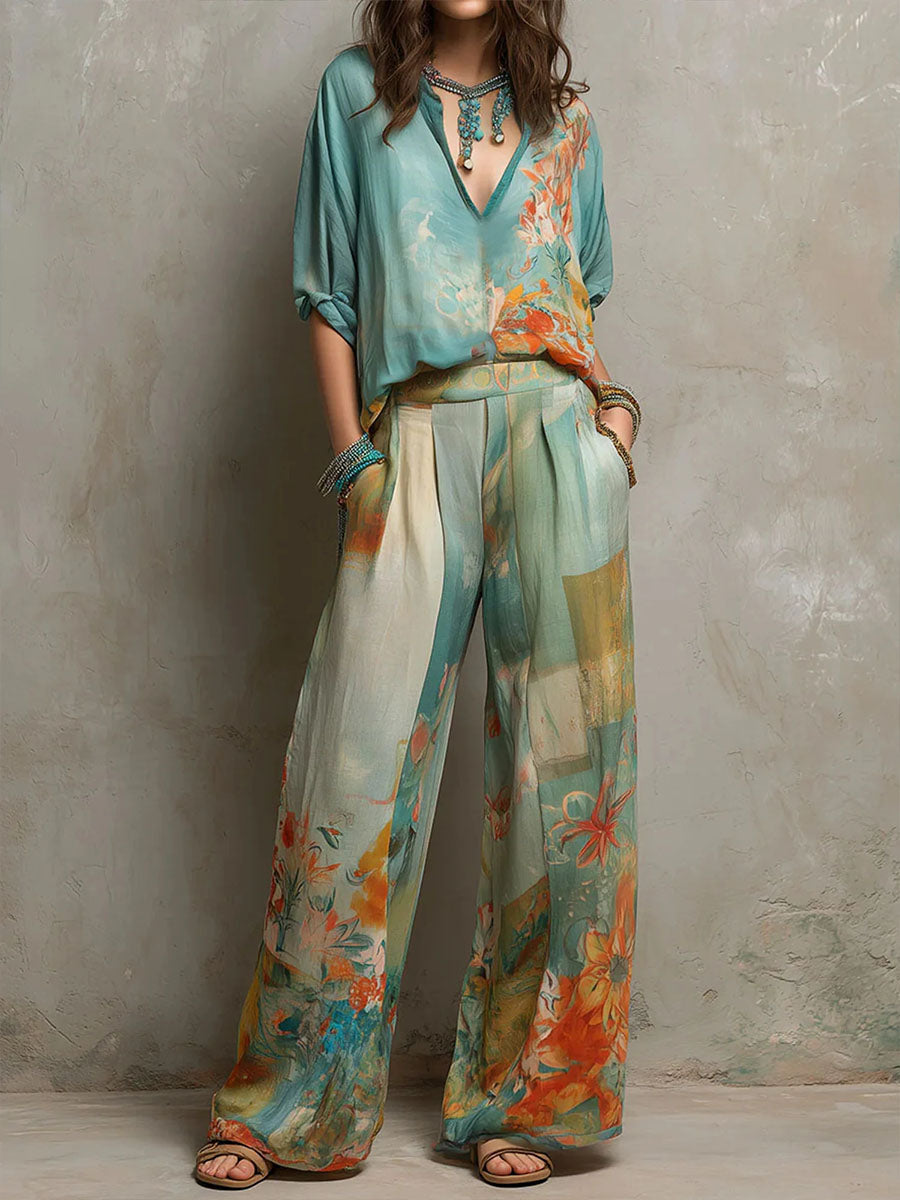 Mirella | Elegante conjunto con estampado floral y pantalones anchos