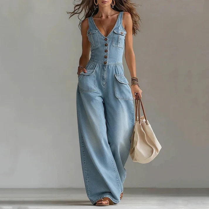 Mia | Combinaison en jean sans manches à encolure en V