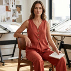 Creme | Weite zweiteilige Hose
